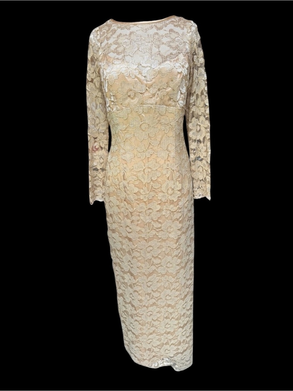 Late 80s does 1930s Jessica McClintock Metallic Gold Floral Lace Column Dress